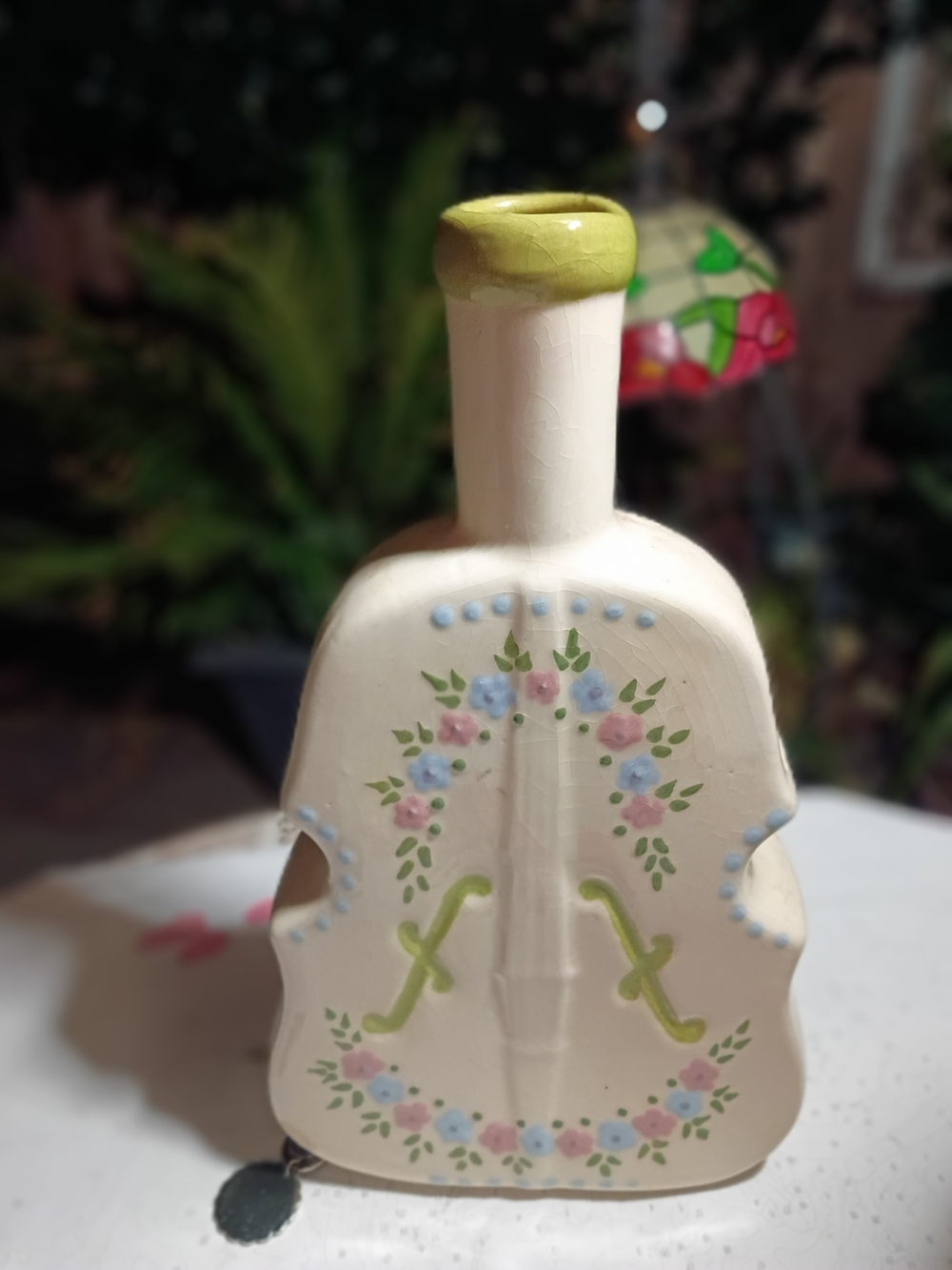 Hand-Painted White Ceramic Violin Figurine with Floral Motif